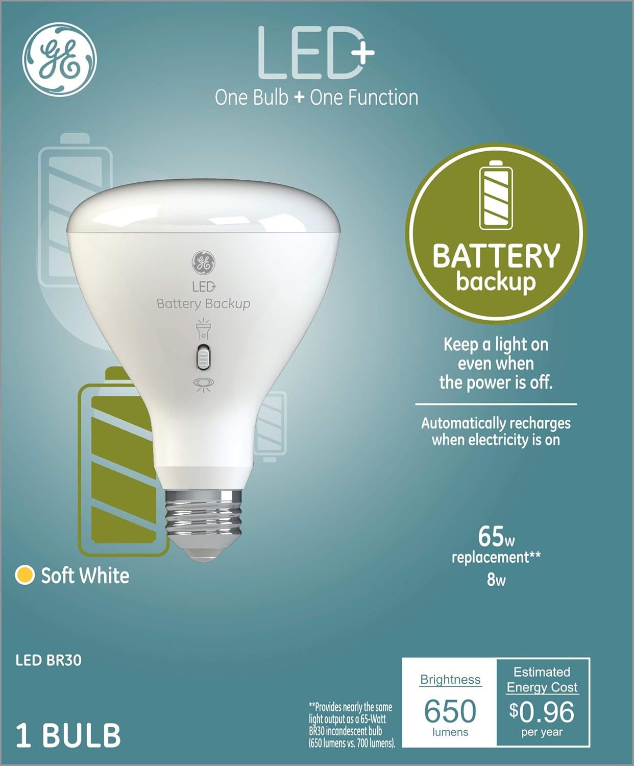 Ge Lighting Led+ Backup Battery Indoor Flood Light Bulb, Rechargeable,, ... - $36.99