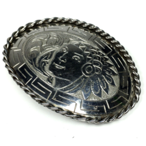 Vintage Men&#39;s Belt Buckle Aztec Design Woman&#39;s Face Headdress Silver Tone - £32.15 GBP