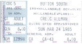 Vintage Gregg Allman Ticket Stub March 24 1985 Hallandale Florida - $24.74
