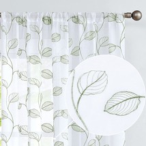 Topick Sage Sheer Curtains, 2 Panels, 72 Inches, Leaf Embroidered Pole Top - £27.48 GBP