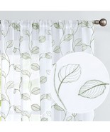 Topick Sage Sheer Curtains, 2 Panels, 72 Inches, Leaf Embroidered Pole Top - £27.49 GBP