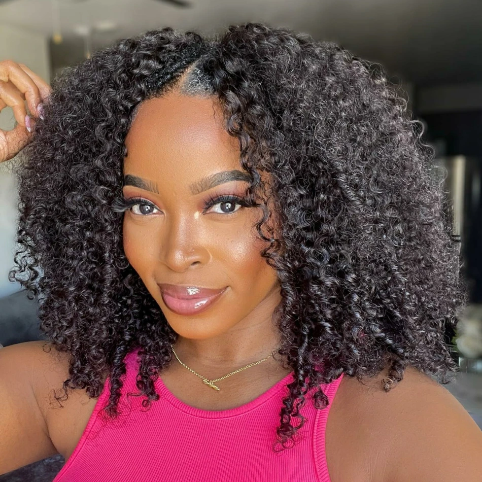 Afro Curly Glueless U Part Wig Kinky Curly V Part Bob Wig Human Hair No Lace - $52.31+