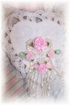 White Battenburg Lace Heart SACHET with Lg Pink Cottage Rose - $12.99