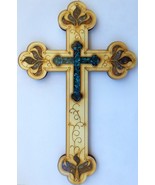 Wood Christian Cross with leafs motifs and Gemstones - Hand Crafted in I... - £21.17 GBP