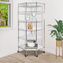 6-Layer Chrome Plated Polygonal Corner Shelf with 2&quot; PP Wheels 680*680*1800 Silv - $236.47