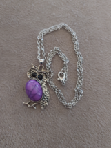 Purple Stone Owl Pendant Necklace – Vintage Metal Charm Jewelry - $2.00