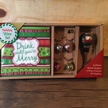 New n Box Holiday Wine Gift Set-Glitter Stopper &amp; 4 Wine Glass Charms &amp; ... - £4.84 GBP