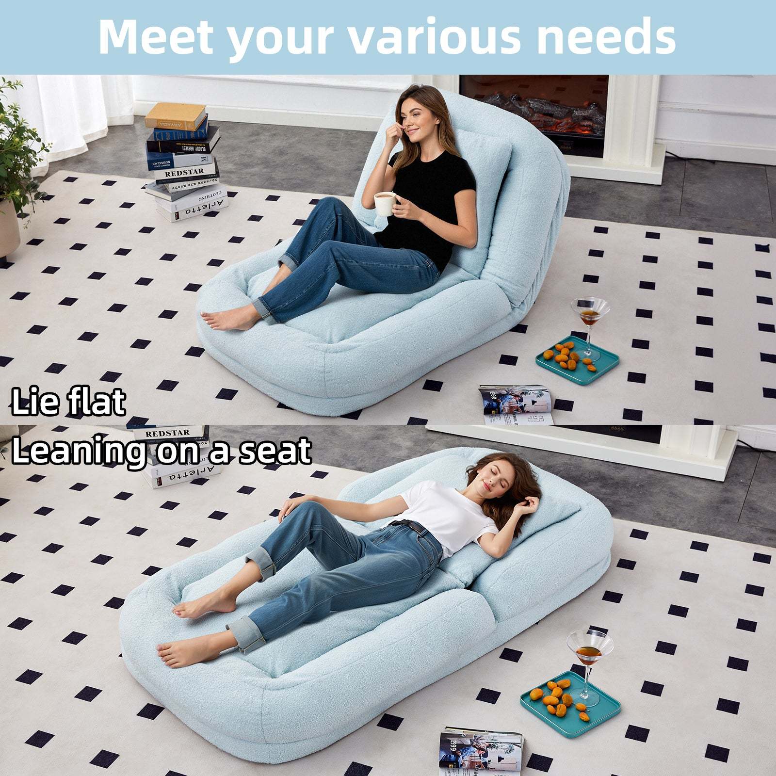 Light Blue Teddy Folding Sofa Chair - 5-Pos Gaming, Relax Item image 7