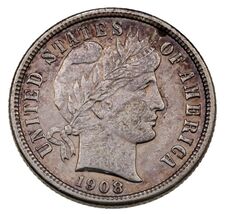 1908-S 10C Barber Dime in XF Condition, Light Toning - $118.76