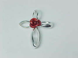 CROSS PENDANT with Red Satin Rose at the Center in STERLING - Designer s... - £27.73 GBP