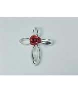 CROSS PENDANT with Red Satin Rose at the Center in STERLING - Designer signed - £28.21 GBP