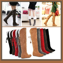 Suede Over The Knee Flat Sole Leather Boots w/ Lace Up Tassel and Fleece Lining