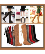 Suede Over The Knee Flat Sole Leather Boots w/ Lace Up Tassel and Fleece... - £75.09 GBP