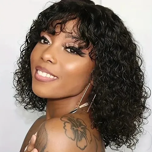 14&quot; Black Jerry Curly Human Bang Wig - £150.80 GBP