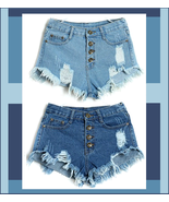 Vintage Button Fly High Waist Fadded Ripped Denim Short Shorts Casual Je... - £35.12 GBP