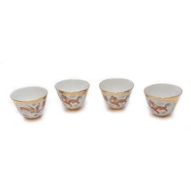 Set of 4 Chinese Footed Tea Cups Red &amp; Gold Dragon And Phoenix Bird Mid-... - $44.52