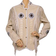 Women&#39;s Western Style Beige Color Bone Beaded Patches Suede Real Leather Jacket - £140.99 GBP