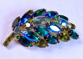 D&amp;E Juliana Peacock Blue, Emerald &amp; Peridot AB Rhinestone Brooch, Verified, MINT - £41.42 GBP