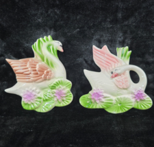 Swans In Water Lilies Ceramic Plaques Wall Decor Lot of 2 Kitsch Grannycore - $31.21