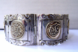 Vintage Silver Mexican Mixed Metals Bracelet  Wide Hinged Mayan Signed - £47.15 GBP