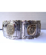 Vintage Silver Mexican Mixed Metals Bracelet  Wide Hinged Mayan Signed - £47.41 GBP