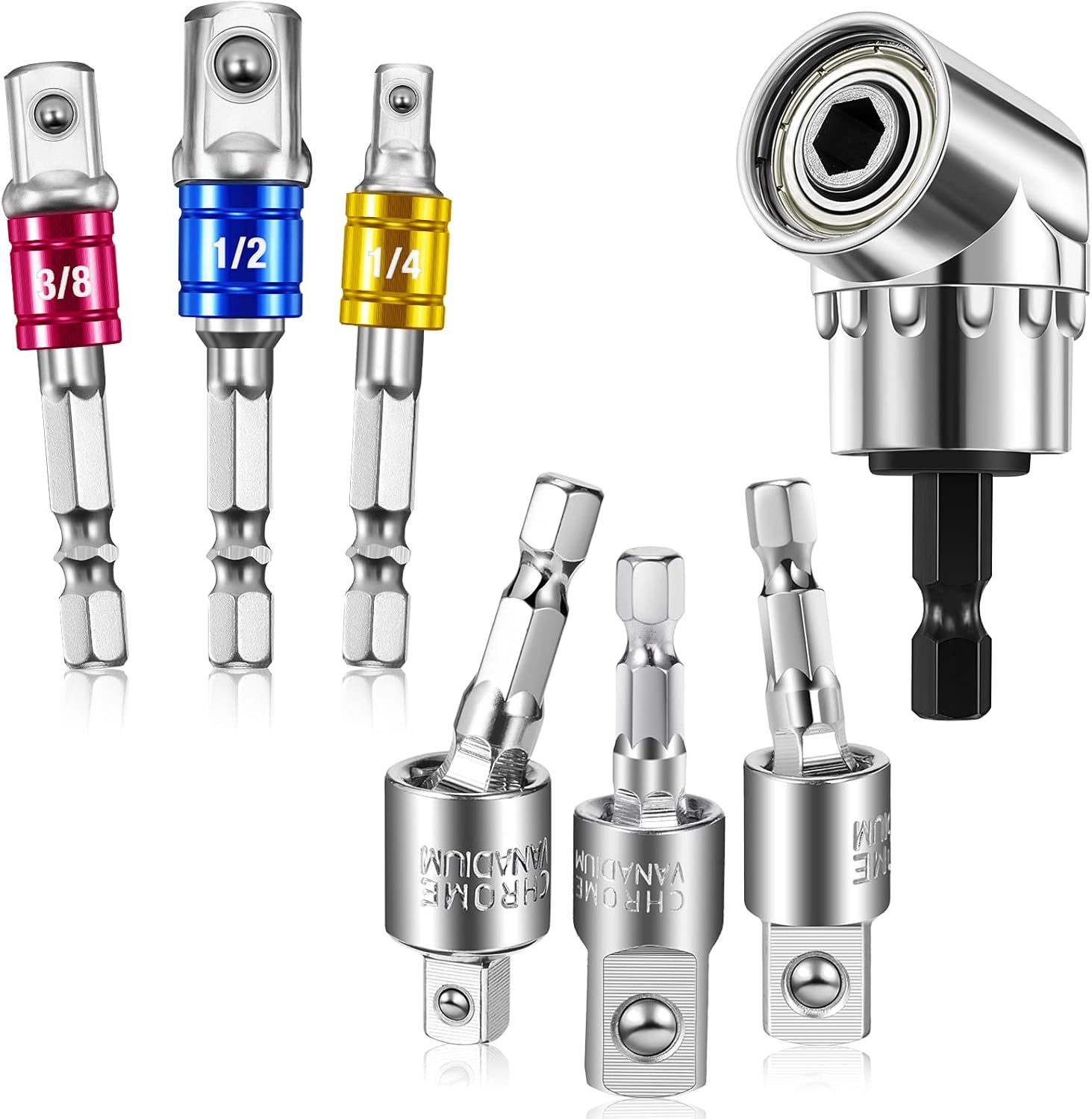 7 Pieces Power Drill Sockets Adapter Set, 3 Pieces 1/4 3/8 1/2 Inch Hex ... - $27.94