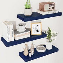 Solid Wood Floating Shelves Set Of 3 - Modern Blue Shelves For Wall, Dar... - $38.93