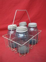 4 Vintage Ball Blue Mason Jars &amp; Porcelain Lids in Wire Carrier - $69.29