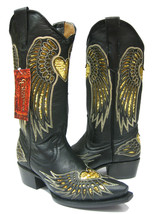 Womens Western Wear Boots Black Leather Gold Sequins Heart Wings Size 4.5, 5, 6 - £66.31 GBP