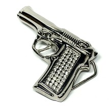 Men&#39;s Belt Buckle Silver Metal Western Crystal Rhinestone Gun Pistol Bling - $22.00