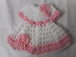 1950s Sweet Little Pink White Crochet Play Baby Doll Dress 7 1/2 Long w Pom Poms - £7.72 GBP