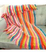 Handmade Neon afghan lap throw blanket rainbow stripes bright colors fringe - $30.07 CAD
