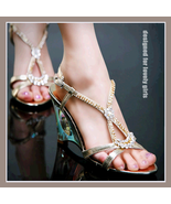 DiVA Gentlewomen&#39;s Satin Wedge Rhinestone 3 inch High Heel Gold Sandals  - £46.57 GBP