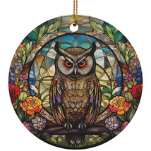 Funny Owl Bird Ornament Colorful Stained Glass Art Flower Wreath Christmas Gift - £12.01 GBP