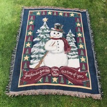 Vintage Home Interiors Throw Blanket Holiday Snowman Tapestry 48x65 Made In USA - £23.27 GBP
