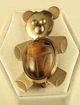 Vintage Gold Filled Sign W.E. Richards 1940s Scarab 3D Bear Tiger&#39;s Eye Brooch - £38.98 GBP