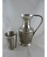 Vintage Zinn Pewter 3 Panel German Scene Pitcher w Cup  Ernte, sennerinne. - $40.69 CAD