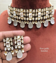 Indian Bollywood Style Kundan Choker Necklace Earrings Gray Bridal Jewelry Set - £148.54 GBP
