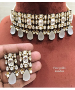 Indian Bollywood Style Kundan Choker Necklace Earrings Gray Bridal Jewelry Set - £149.09 GBP