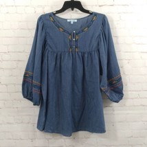 She + Sky Top Womens XL Blue Embroidered Chambray Peasant Boho Cottage Hippie - £19.91 GBP