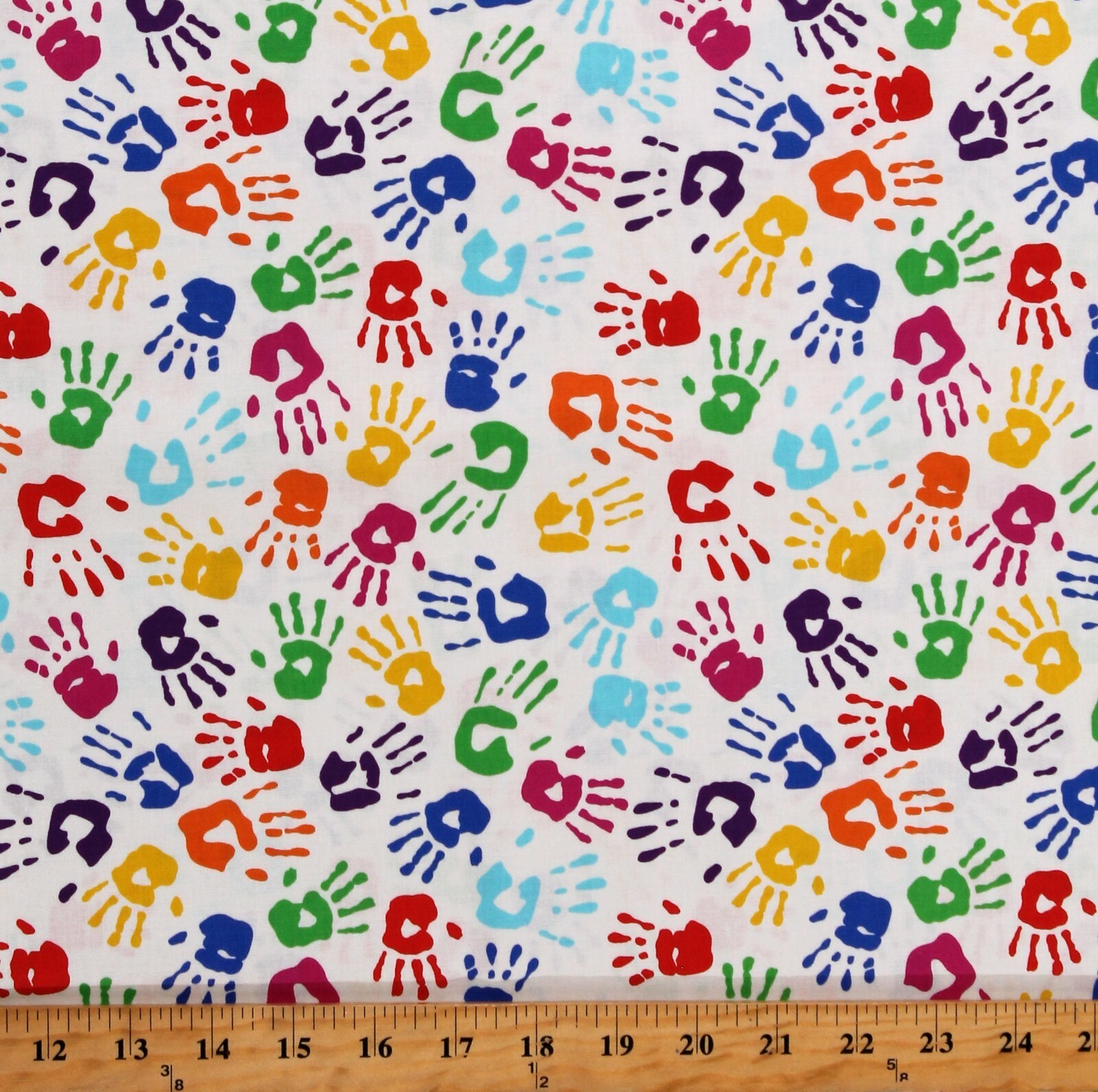 Cotton Handprints Rainbow Multi-Color on White Fabric Print by the Yard ... - $12.95