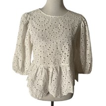 Forever 21 White Eyelet Blouse Peplum Embroidered Puff Sleeves  Size M NEW - £15.63 GBP