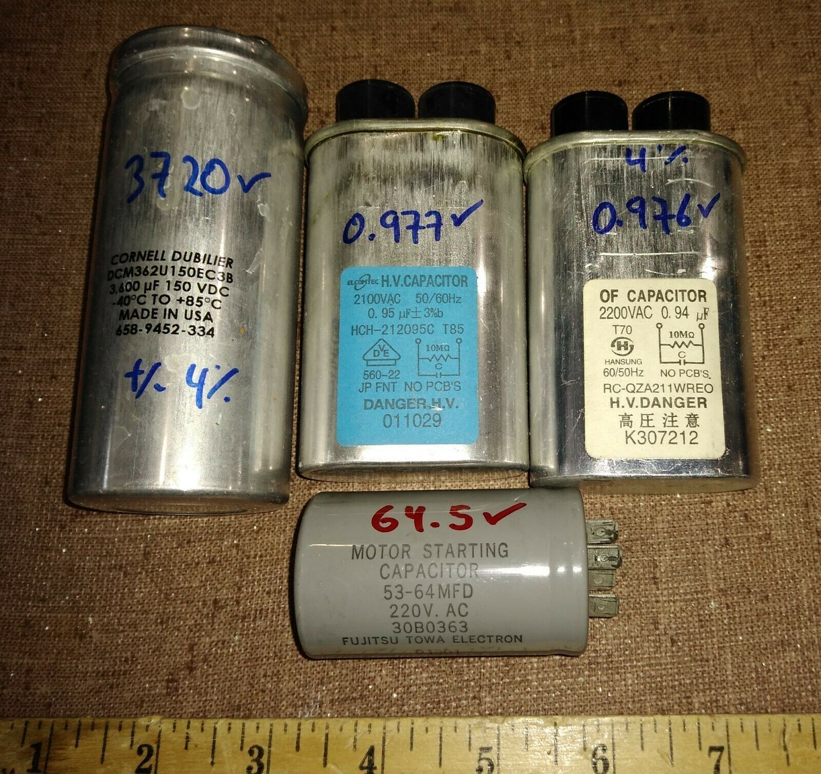 9CC48 ASSORTED CAPACITORS, ALL VERFIED +/- 4%: 150VDC / 3600MF, 220VAC / 53-64MF - $13.99