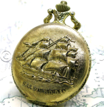 Pocket Watch Gold Color for Men Vintage Ship Design Roman Numbers with Chain 212 - £16.34 GBP