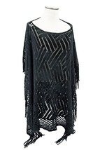 Knit Fringe Poncho with Intricate Geometric Needlework Design - 4 Chic C... - £14.93 GBP
