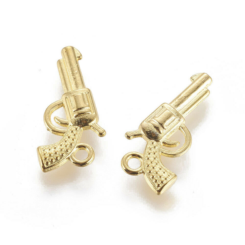 4 Gun Charms Shiny Gold Tone Pistol Pendants Western Findings 2 Sided-
s... - $1.89