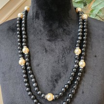 Womens Fashion White Faux Seed &amp; Black Seed Pearls Two Strand Necklace Jewelry - £21.44 GBP