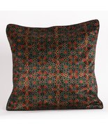 Geometric Flowers Hand Block Print Mashru Silk Cushion Cover - Red Black - £23.90 GBP