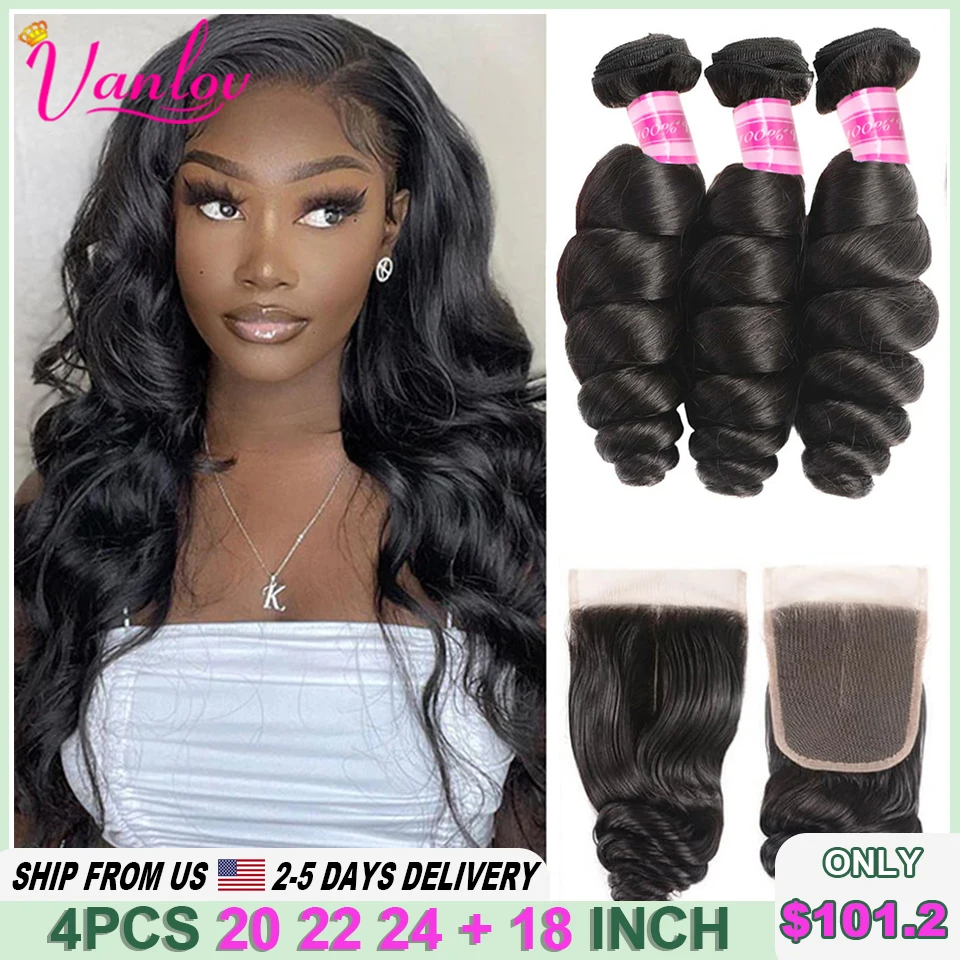 Vanlov Loose Wave Bundles With Closure Brazilian Human Hair 3/4 Bundles With - £70.89 GBP+