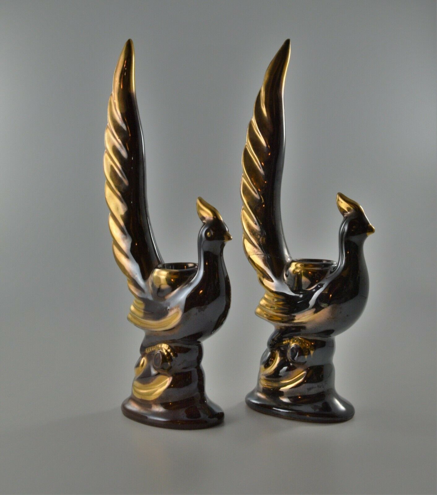 Vintage Japan Napco Plum,Brown, and Gold Iridescent Pheasant Candleholders AS IS - $30.00